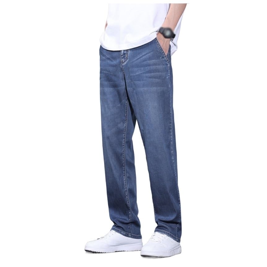 Tian Si Thin Denim Pants Loose Straight Casual Mid High Waisted Denim Pants(32) Blue2