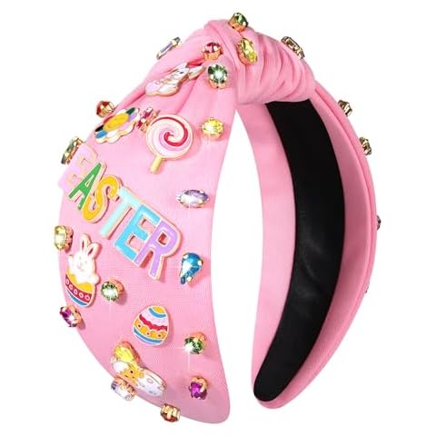 vokone Easter Headband Spring Accessories for Women Easter Egg Bunny Knotted Headband Colorful Crystal Top Knot Headband Spring Easter Hair Accessories Gifts (EASTER-Pink) Cover