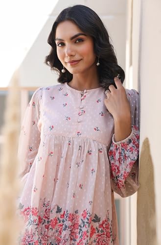 Image of Janasya Women's Peach Georgette Floral Print Flared Top