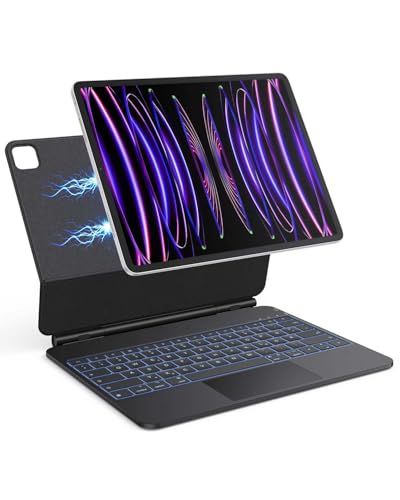 OMOTON Tastatur Hülle für iPad Air 13 Zoll (M3/M2) & iPad Pro 12.9 (6/5/4/3 Gen) – Magic Keyboard mit Trackpad, Tastatur Magnetische 7 Beleuchtung, QWERTZ, Freischwebendes Design