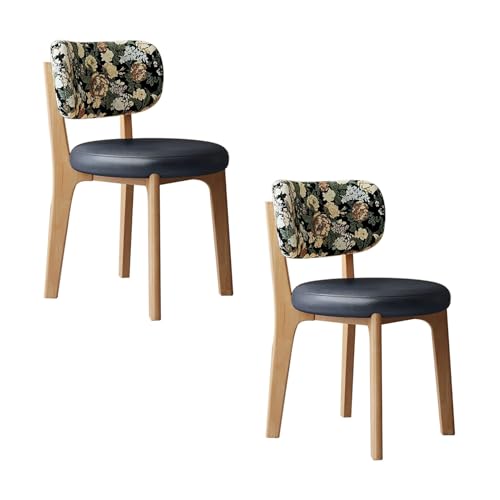 JIAOCKJIAO 木製ダイニングチェア、キッチンチ-ェア(1脚/2脚/4脚セット)、湾曲した背もたれ付きダイニングルームチ-ェア、革張りのアームレスルームチェア、レストラン、ファームハウスカフェ向け(Natural+Blue,2PCS)