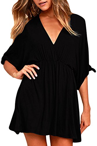 Meenew Women s Solid Color Elastic Waist Oversized Flared Hem Dress Black M