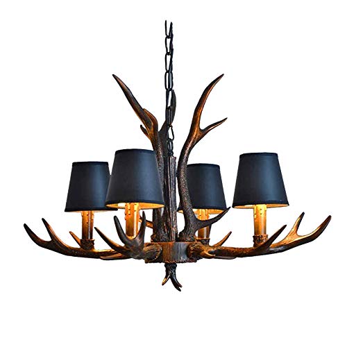 Lustre en bois de cerf noir à 4 lampes E14 rétro pour plafond de chambre et salon