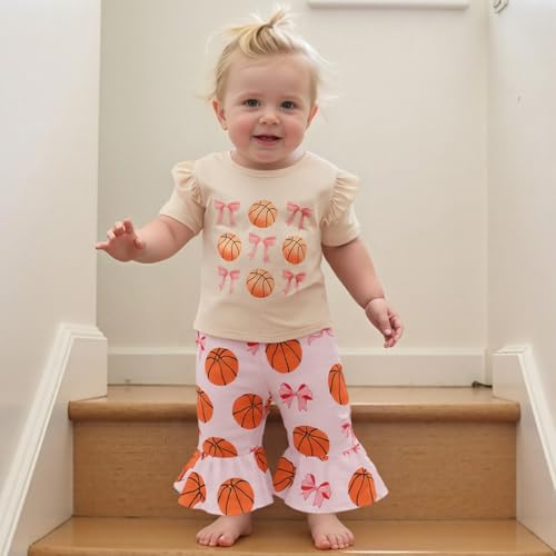 Kids Toddler Girl Summer Outfits Basketball Bow Print Short Sleeve T-Shirt Flared Pants Set Cute 2Pcs Clothes4