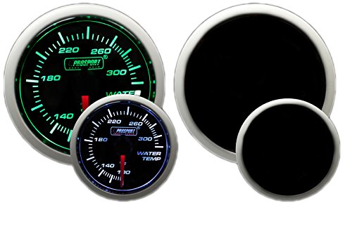 Prosport Performance Series Electrical Water Temperature Gauge – 52mm 2 1/16", Green/White Dual Color 270° LED, Stepper Motor, Includes 1/8" NPT Temp Sender, Mounting Hardware, Visor & Decals