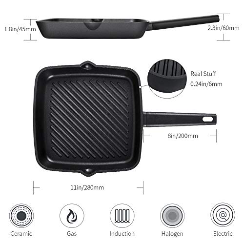 Frying Pan 11 inch, Deep Square Grill Pan for Steak, Fish and Meat, 6mm Forged Cast Aluminum with Easy Grease Draining, Filter, Dishwasher Safe/Gift Box Included