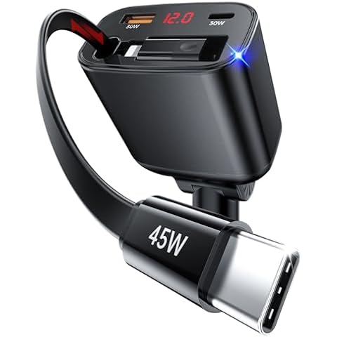 Retractable Car Charger, 105W Car Charger USB C Fast Charger PD3.0 QC4.0 PPS Fast Charging Car Adapter with Retractable Cable and 2-Port Car Phone Charger for iPhone 16/15/14/13/12/11, Galaxy, Pixel Cover