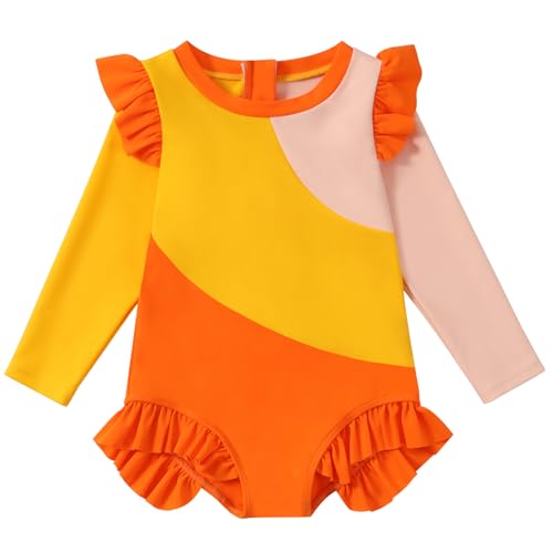 WISREMT Toddler Girl Swimsuit Long Sleeve Rash Guard One Piece Bathing Suit Color Block Zipper Sun Protection Kids Swimwear