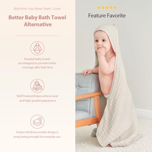 Image of Unnivoll Hooded Baby Towels for Newborn - 2 Pack, 100% Muslin Cotton, Baby Bath Towels with Hood, Soft and Absorbent for Girls Infant, Toddler and Kids, Large 32x32 Inches, Newborn Essential