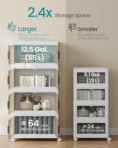 Image of SONGMICS 58QT Plastic Storage Bins with 1 Lid, 4-Tier Stackable Bins with Doors and Wheels, Foldable Storage Boxes, for Closets, Bedroom, Living Room, Office, White URLB460WZ01