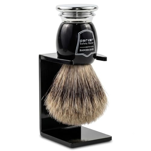 Image of Parker Pure Badger Shaving Brush with Stand - Black & Chrome Handle, 22mm Knot | Rich Lather for Soap & Cream | Handcrafted Wet Shaving Brush for Men | Premium Grooming Tool
