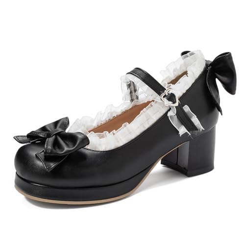 SHEMEE Women's Kawaii Sweet Bow Cosplay Dress Shoes Chunky Platform Mid Block Heels Buckle Ankle Strap Mary Jane Pumps