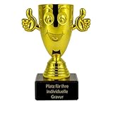 eberin – Smiley Pokal 13 cm – goldene Trophäe mit Gesicht und Daumen hoch aus Kunststoff auf Marmorsockel – Award für Kinder, Feiern & Wettbewerbe inkl. Gravurschild