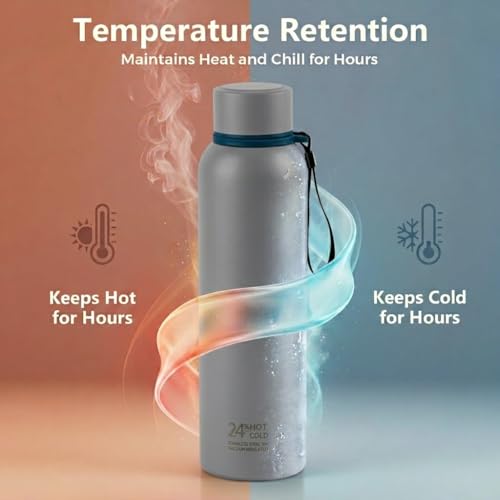 Image of CELLO Duro Kent Gen-X Stainless Steel Flask 720 ml Fosil Grey | Wide Mouth with Carrying Loop, Leak Proof Double Wall Vacuum Insulated Hot and Cold Flask Water Bottle for Office Gym Biking & Travel