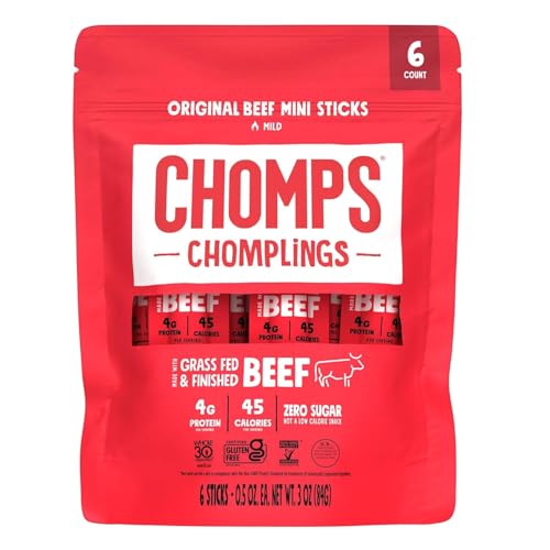 Chomp Chomplings Mini Grass Fed Beef Jerky Sticks Original Beef (6 Count)