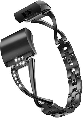 Glebo Compatible with Fitbit Charge 2 Bands for Women, Bling Bracelet Metal Straps Bracelet Bangle Wristbands Accessories Replacement Bands for Fitbit Charge 2 Band Small Large, Black