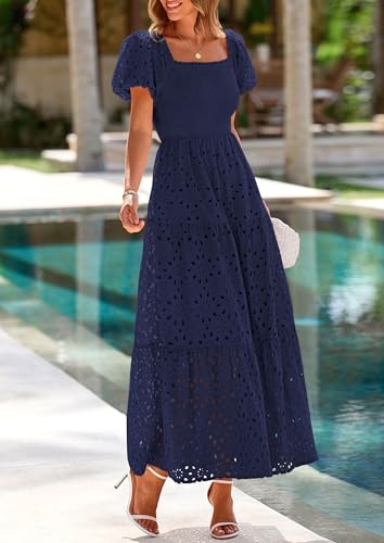PRETTYGARDEN Summer Dresses for Women 2025 Eyelet Square Neck Puff Sleeve Smocked Wedding Guest Maxi Dress with Pockets4