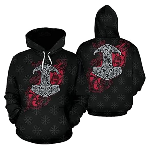 Tors hammare Hoodie, rodret for Awe Viking Tattoo 3D Tryckt Långärmad, Män s Loose Tröja med Pocket (Color : Hoodie, Size : XL)