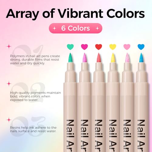 Image of Nail Art Pens,6 Colors 0.7mm 3D Nail Polish Pens for Women | Quick-Dryings, Nail Marker for DIY Paint /Dotting /Liner, Home & Salon Manicure Tools, Great Gift, Non-Toxic, Beginner Friendly