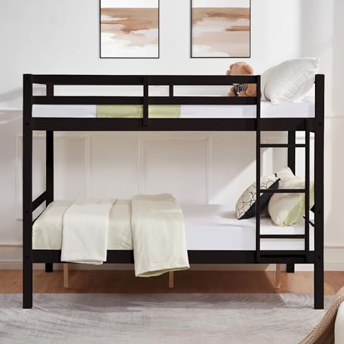Image of Full Over Full Bunk Bed with Ladder, Solid Wood Bunk Bed with High Guardrail and Ladder for Kids, Teens, Dorm Rooms, and Guest Rooms, No Box Spring Needed, Espresso