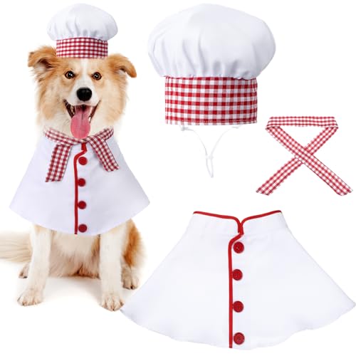 SilTriangle 3 Pcs Dog Chef Costume Set Includes Dog Chef Hat Clothes with Red and White Plaid Scarf Funny Holiday Clothes Outfit Valentine's Photo Booth for Small Medium Large Dogs Pets(Small)