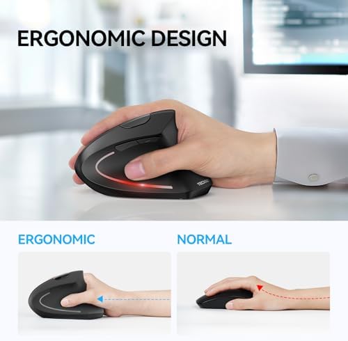 TECKNET Ergonomic Mouse, Wireless Bluetooth Vertical Mouse, 4800 DPI Optical Tracking, 6 Adjustable DPI, Quiet Clicks, 2.4GHz with USB A Receiver, 12 Months Battery, 6 Buttons, Wide Compatibility - 5