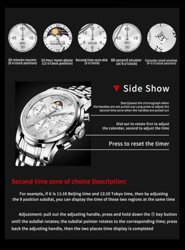 Image of OLEVS Chronograph Watches for Men Original Analog Quartz Black Stainless Steel Chain Luxury Dual Time Zone Moon Phase Date Waterproof Men's Wrist Watch