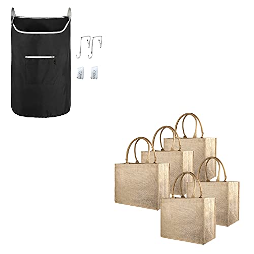 Beegreen Black Hanging Laundry Hamper Bag X-Large Over The Door Hanging Laundry Bag And 5 Pack Burlap Tote Bag Laminated Interior X-Large Jute Tote Bag Full Gusset #TOP29