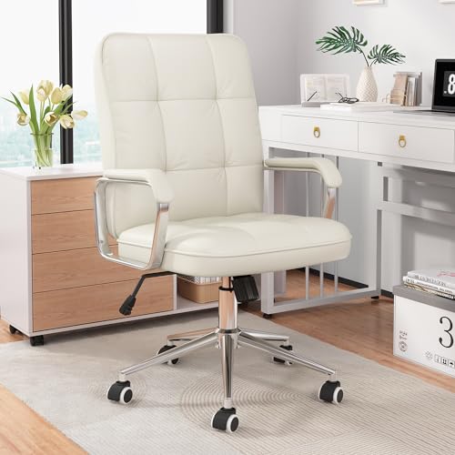 White Leather Office Chair with Padded Arms