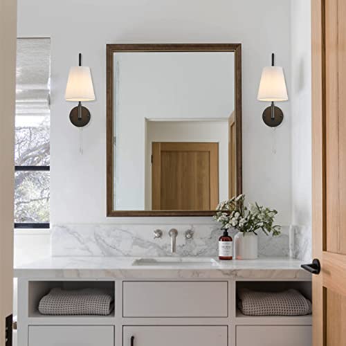 Image of PASSICA DECOR Hardwired Wall Sconces Set of Two 2 Pack with Pull Chain ON Off Matte Black Swing Arm Lighting Modern Vintage Lamp Industrial White Fabric Wall Light for Bedroom Farmhouse Living Room