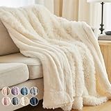 The Connecticut Home Company Shag with Sherpa Reversible Throw Blanket, Super Soft, Large Plush Wrinkle Resistant Blankets, Warm and Hypoallergenic Washable Couch or Bed Throws, 65x50, Cream