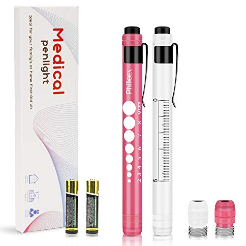 Pen Light, Phileex Nurse Pen Light Medical Penlight with Pupil Gauge for Nurses Nursing Students Doctors White and Pink with Batteries
