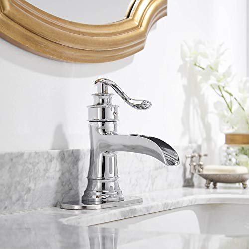 Homevacious Bathroom Faucet Chrome Bath Tub Basin Single Hole Sink Waterfall With Pop Up Drain With Overflow Vanity One Handle Lavatory Supply Line Lead-Free #TOP1