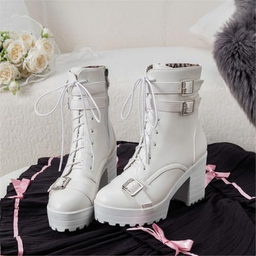 Image of FOREADA Goth Boots Chunky Heel Boot For Women Ankle Combat Booties Black Platform Bootie Buckle Rivets Punk Goth Shoes With Zipper