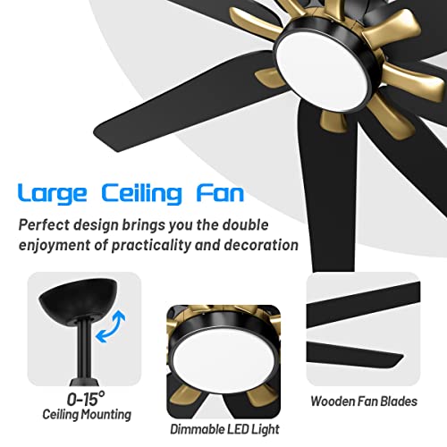 Wurzee Large 62" Industrial Large Ceiling Fans With Light And Remote Control 6 Speed Reversible Dc Motor Dimmable Timing Led 3-Color Adjustment Black And Gold Modern Ceiling Fan For Indoor Or Covered Outdoor #TOP1