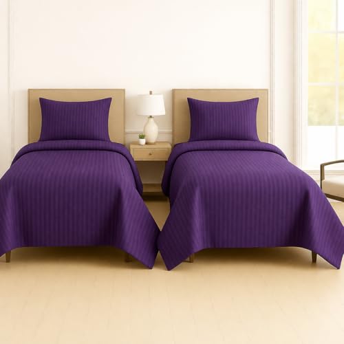 Image of DECOR2ADMIRE 300 Thread Count Premium Glace Cotton Plain Stripe Single Bedsheet with One Pillow Cover (60 inch x 90 inch) (Purple, Pack of 2)