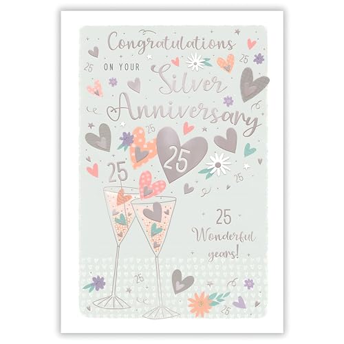 IC&G 25th Anniversary Card - Happy Silver Anniversary Card 25 Years with Drinks and Love Hearts Design and Embossed Foil Details - Anniversary Card for a Special Couple