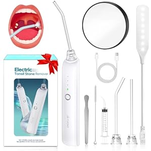 Electric Tonsil Stone Remover Kit with LED Light & Water Irrigator – Electric Oral Cleaner with 5X Mirror, 3-Speed Levels, White, Silicone, Suitable for Halitosis, Tonsil Stones