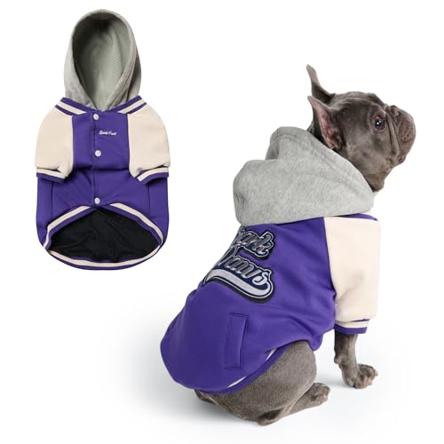Image of Spark Paws Varsity Dog Hoodie - Premium Dog Sweater for Small, Medium, and Large Dogs | Warm Clothes for Pets, Winter Jacket Alternative - Purple - L