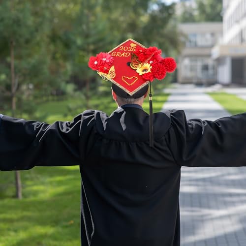 Wavwavw 43 PCS DIY Graduation Cap Decorations Kit, Grad Cap Decorations Included Faux Flowers 3D Butterfly Self Adhesive Rhinestones Stickers Alphabet Letter Stickers for 2026 Grad Party(Red) by Wavwavw - Image 5