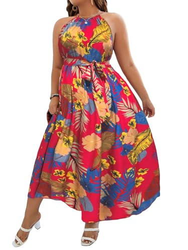 Image of Floerns Women's Plus Size Boho Sleeveless Halter Neck Tie Back A Line Long Dress