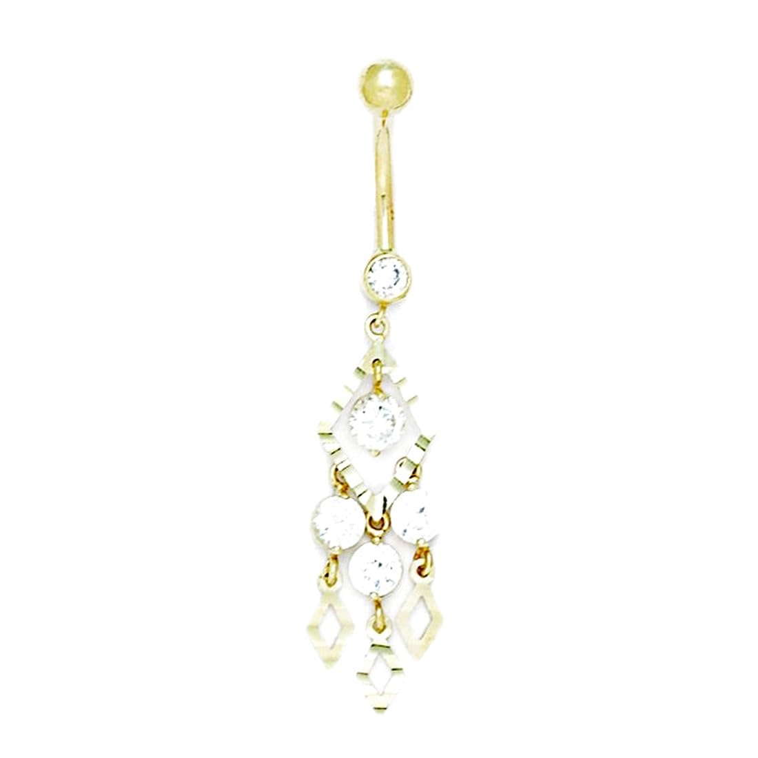 Bauchnabelring aus 14 Karat Gelbgold, Zirkonia, 14 Gauge, baumelnder, ausgefallener Körperschmuck, Maße: 50 x 11 mm, Schmuckgeschenk für Frauen, Metall, Zirkonia