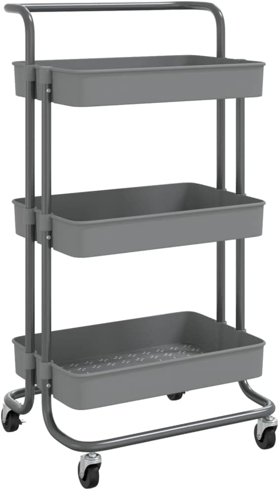 3-Tier Kitchen Trolley Gray Iron and ABS 16.5"x13.8"x33.5" Kitchen Cart with Wheels Rolling Kitchen Island Cart for Food Storage and Utility