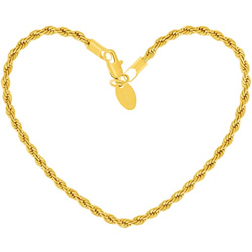 LIFETIME JEWELRY 3mm Rope Chain Anklet for Women & Men 24k Gold Plated Bracelet (Gold, 10)