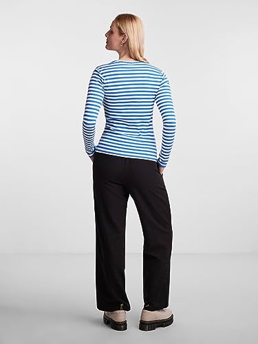 PIECES Pcruka LS Top Noos, Camiseta de Manga Larga para Mujer, Azul Francés/Rayas: Cloud Dancer, S