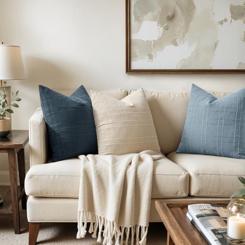 Image of MIULEE Decorative Linen Check Throw Pillow Covers Neutral Farmhouse Vintage Pillow Covers 18x18 Set of 2 Boho Modern Home Decor for Sofa Couch Bedroom Cushion Deep Blue