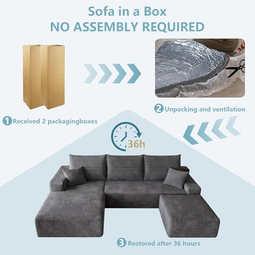Image of 95 inch Cloud Sectional Couch with Ottoman,Modern U-Shaped Cloud Couch with Deep Seat,Comfy Corduroy Sofa,Memory Foam Sofa for Living Room,No Assembly (Dark Gray,Left-Facing Chaise)