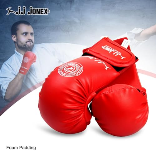 Image of Jonex JJ Moulded Karate Glove, Punching Bag Gloves for Training, Foam Padding, Elastic Hook & Loop Wrap Around Strap, Gloves for Better Protection | PU Shell | Foam Padding | Red |
