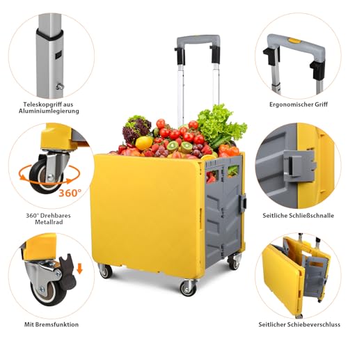 Einkaufstrolley Klappbar, Transport Trolley, bis 50 kg, 50 l Kiste, Einkaufskorb mit Deckel,...