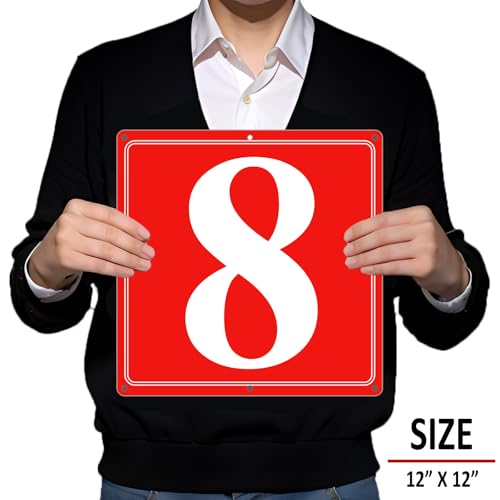 Image of Premium Aluminum Number Signs 8, Metal 12 inch X 12 inch Red Numbered Signs Outdoor for Parking Lots, Floor, Dock, Court, Aisle, Field, High Visibility, No Fade, Weather-resistant
